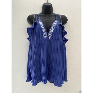 Takara Women's Large Embroidered Floral Pleated Blue V-Neck Tank Top Sleeveless